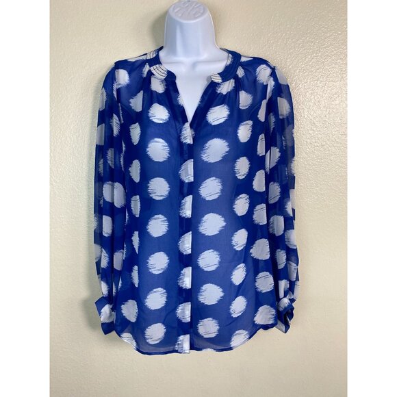 Chicos Blue White Sheer Polka Dot Button Up Blouse Size 6 Lightweight Boho Flowy - Picture 13 of 13